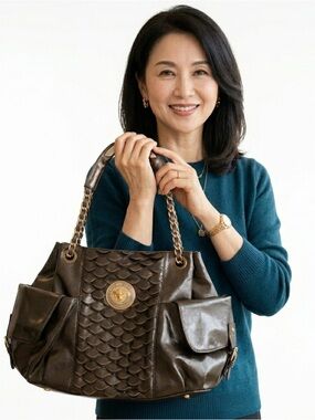 Brown Quilted Faux Leather Jumbo Shoulder Bag with Chain Handles Y2K Medusa